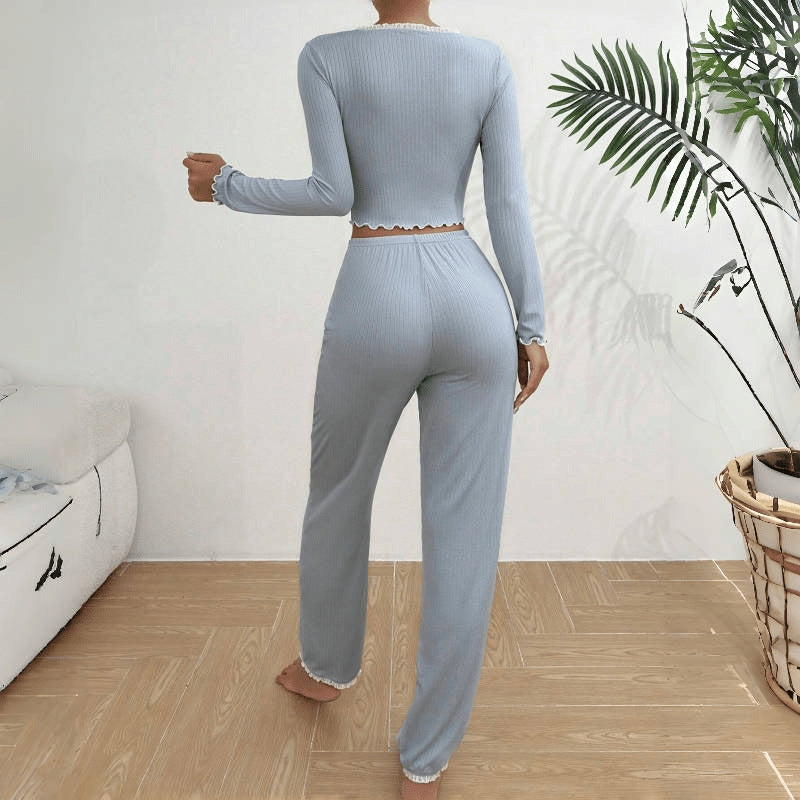 Women Casual Solid Color Lace Pajamas Longewear
