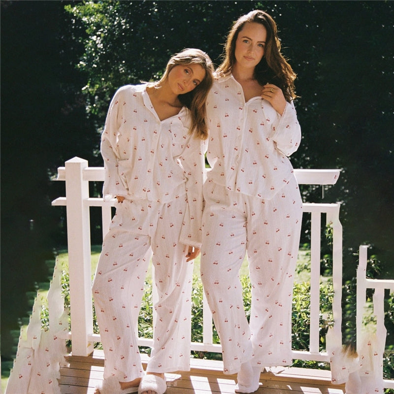 Women Fashion Casual Cherry Printed Lapel Long-Sleeve Top Loose Pants Pajamas