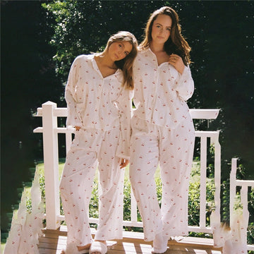 Women Fashion Casual Cherry Printed Lapel Long-Sleeve Top Loose Pants Pajamas
