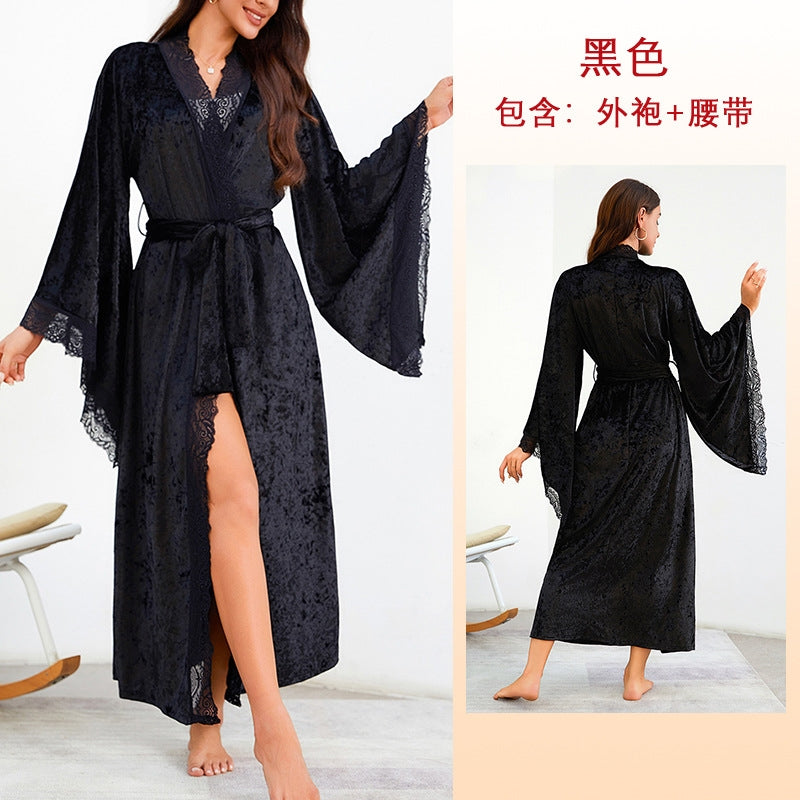 Women Fashion Sexy Lace V-Neck Lace Long Sleeve Velvet Nightgown