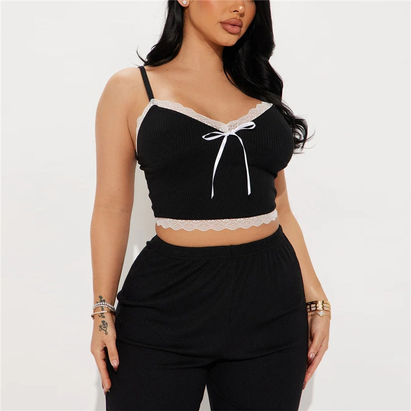 Women Fashion Sexy Lace Splice Camisole Loose Pants Pajamas Two-Piece Set