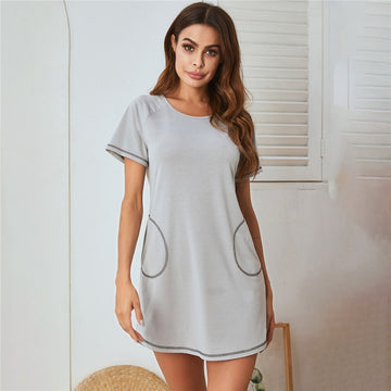 Women Fashion Casual Solid Color Short-Sleeve Side Pocket Dress Pajamas
