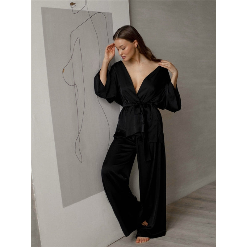 Women Fashion Autumn Solid Color Satin Long-Sleeve Lace-Up Coat Loose Pants Pajamas Two-Piece Set