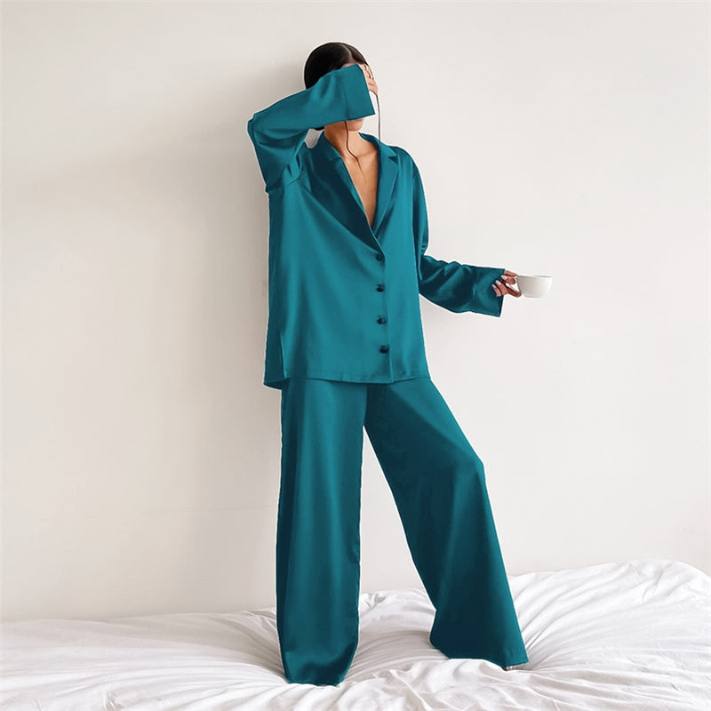 Women Fashion Casual Solid Color Ice Silk Lapel Long-Sleeve Loose Pants Pajamas Two-Piece Set