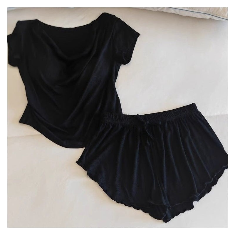Women Fashion Casual Solid Color Cotton Short-Sleeved T-Shirt Loose Shorts Pajamas Two-Piece Set