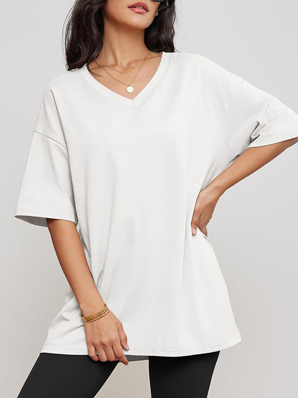 Short Sleeves Solid Color Split-Joint V-Neck T-Shirts