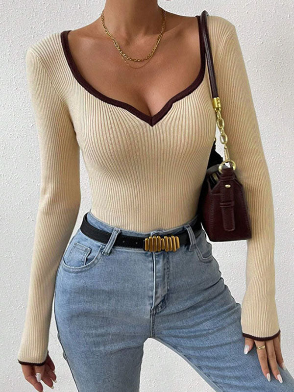 Long Sleeves Skinny Contrast Color Pleated Split-Joint V-Neck T-Shirts