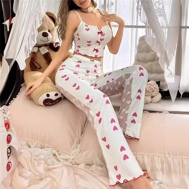 Women Casual Printed Camisole Top Mesh Pants Pajamas Two-Piece Set