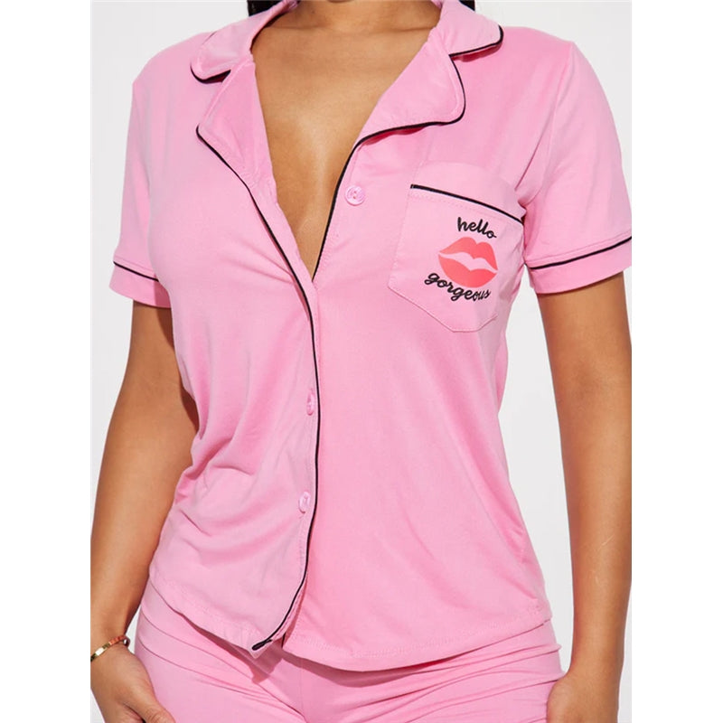 Women Fashion Casual Lapel Short Sleeve Pocket Top Letter Tight Shorts Pajamas Two-Piece Set