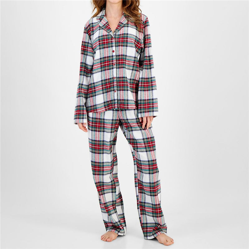 Women Fashion Casual Plaid Printe Lapel Long-Sleeve Blouse Loose Pants Pajamas Two-Piece Set
