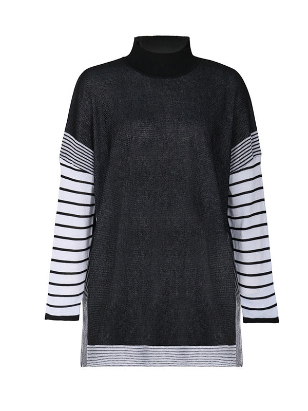 Long Sleeves Loose Contrast Color Striped Mock Neck Pullovers Sweater Tops