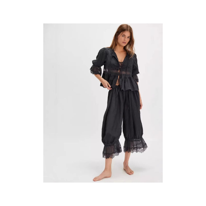 Women Fashion Elegant Lace Hollow-Out Lace-Up Pajamas Pants