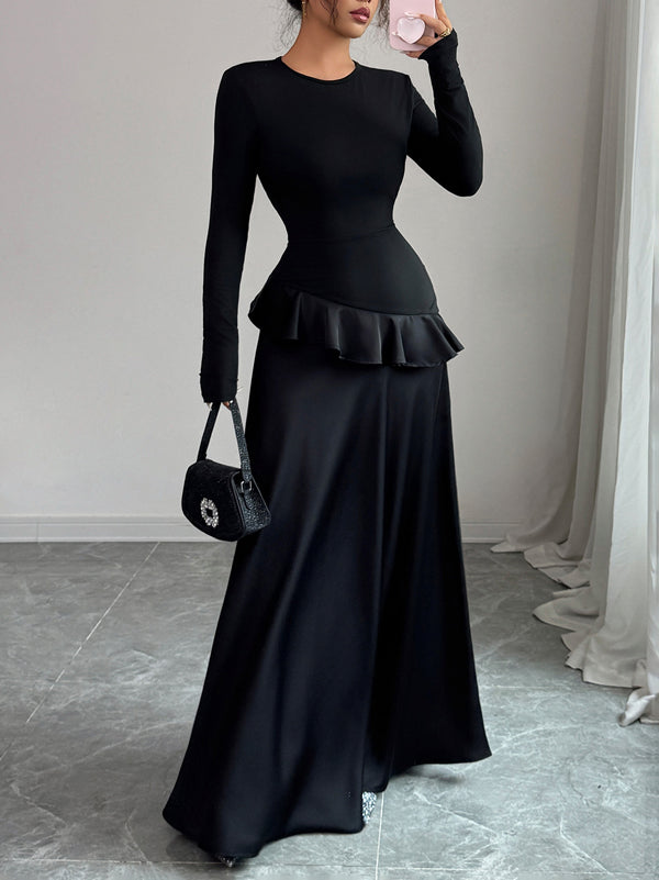 A-Line High Waisted Ruffle Trim Solid Color Split-Joint Round-Neck Maxi Dresses