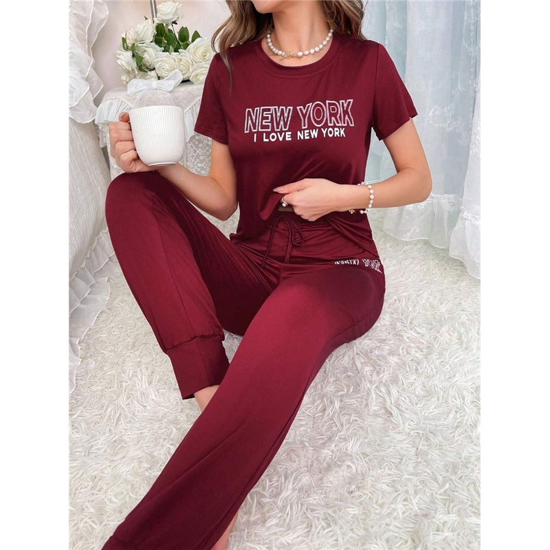 Women Fashion Casual Printed Short Sleeve T-Shirt Drawstring Pants Pajamas Two-Piece Set