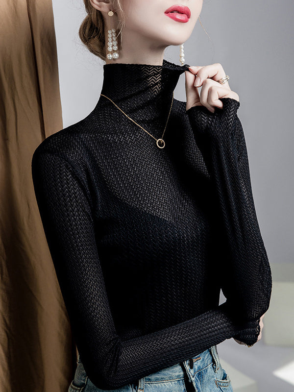 Long Sleeves Plus Size Mesh See-Through Slightly Sheer Split-Joint High Neck T-Shirts