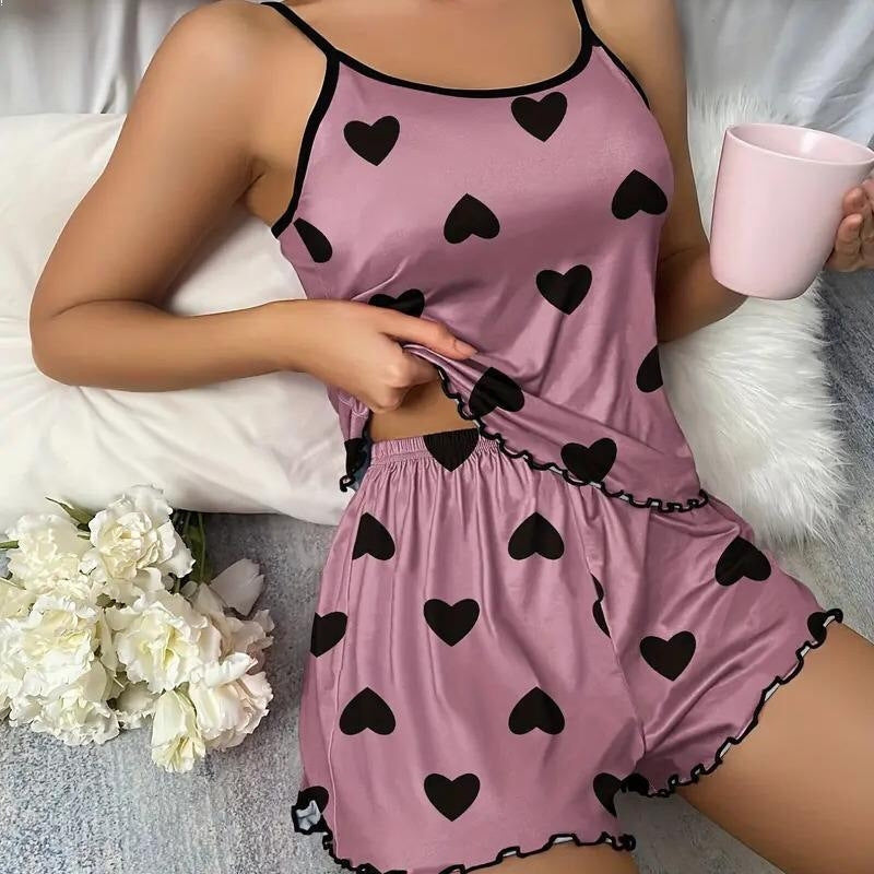 Women Fashion Sexy Love Printed Camisole Loose Shorts Pajamas Two-Piece Set