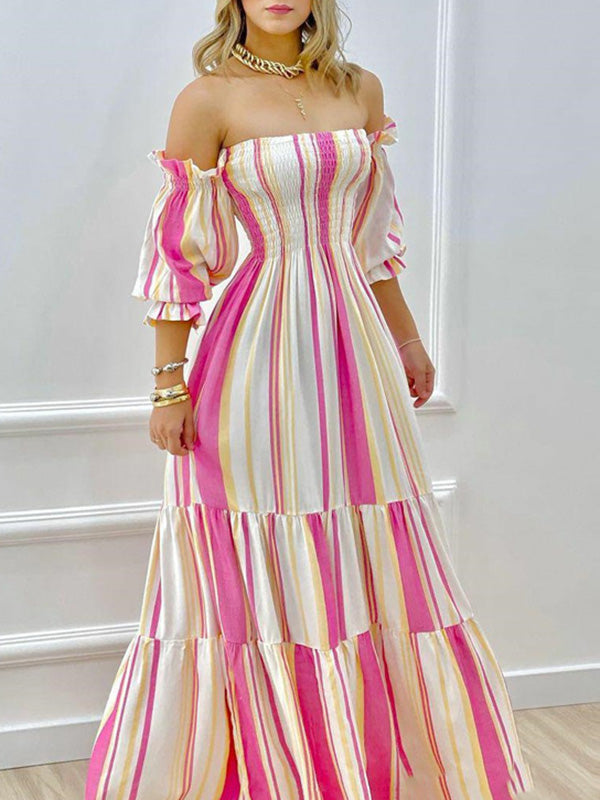 A-Line High Waisted Contrast Color Pleated Split-Joint Off-The-Shoulder Maxi Dresses