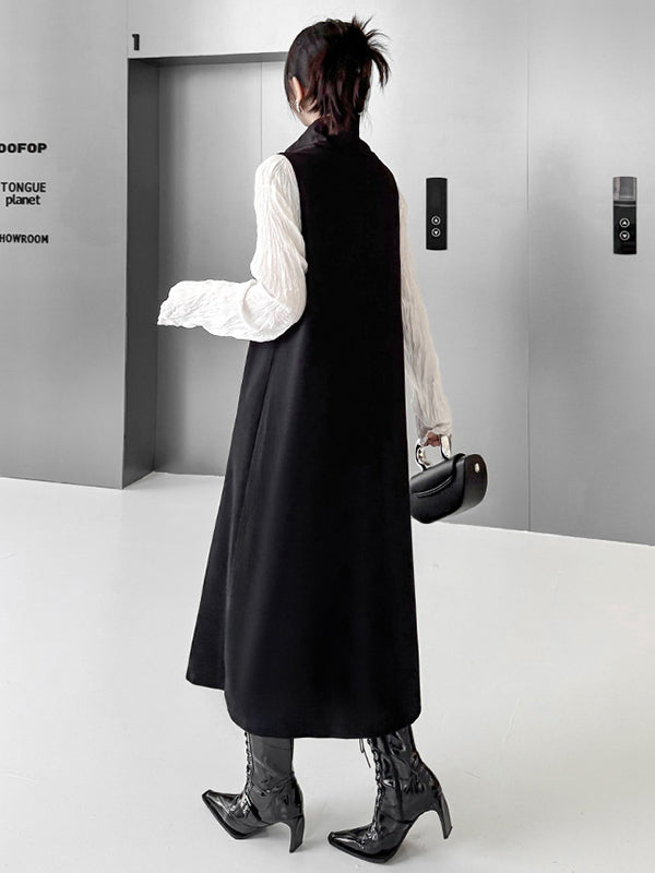 Irregularity Loose Asymmetric Buttoned Solid Color Split-Joint High Neck Midi Dresses