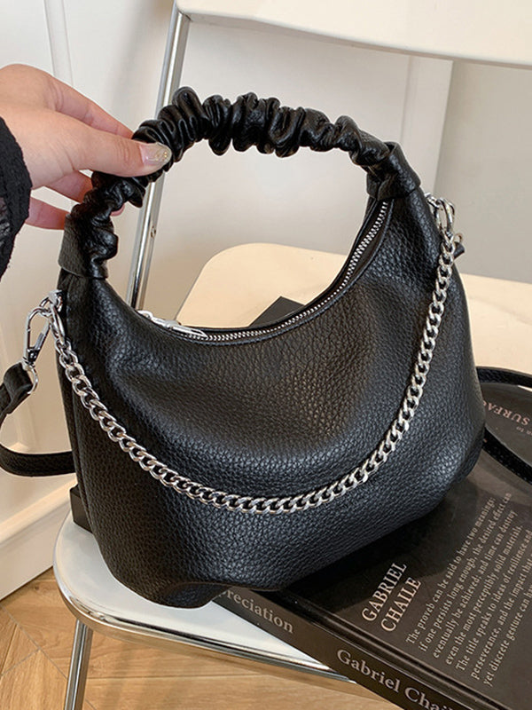 Chains Pleated Solid Color Zipper Crossbody Bags Handbags