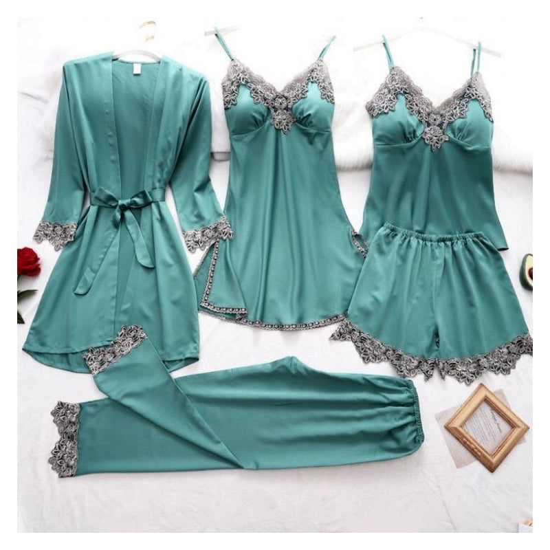 Women Elegant Edgy Color Blocking Casual Satin Sleeveless Camisole And Shorts Pajamas Five Pieces Set