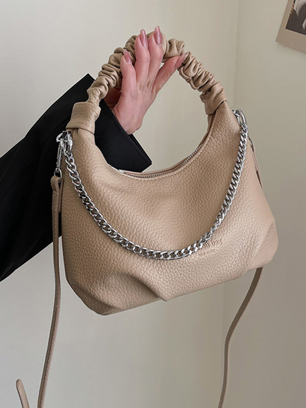 Chains Pleated Solid Color Zipper Crossbody Bags Handbags