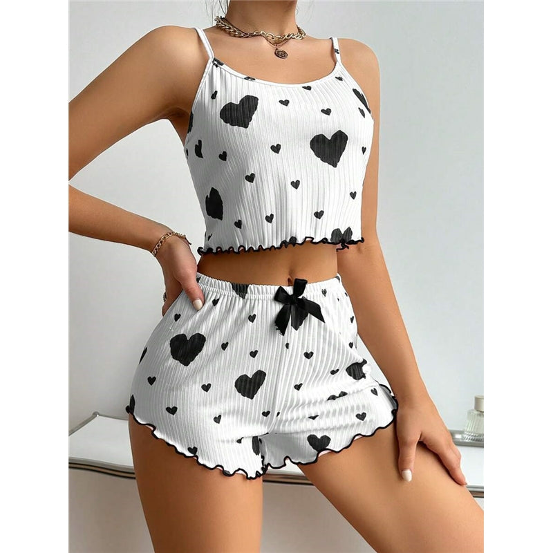 Women Fashion Sexy Strip Love Print Camisole Slim Fit Shorts Pajamas Two-Piece Set