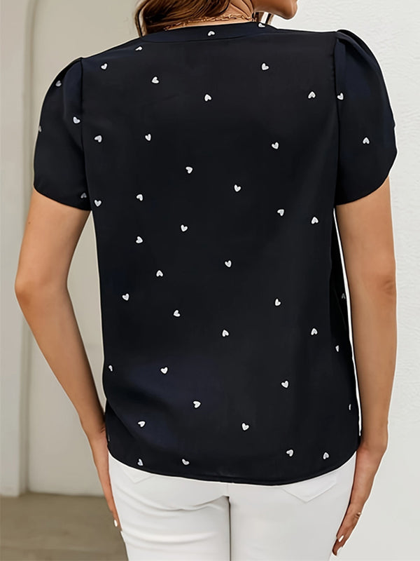 Loose Short Sleeves Pleated Polka-Dot V-Neck Blouses&Shirts Tops