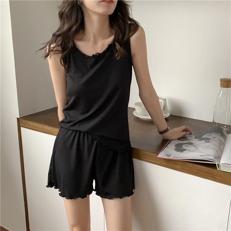 Women Fashion Casual Solid Color Ice Silk Sleeveless Tank Top Loose Shorts Pajamas Two-Piece Set