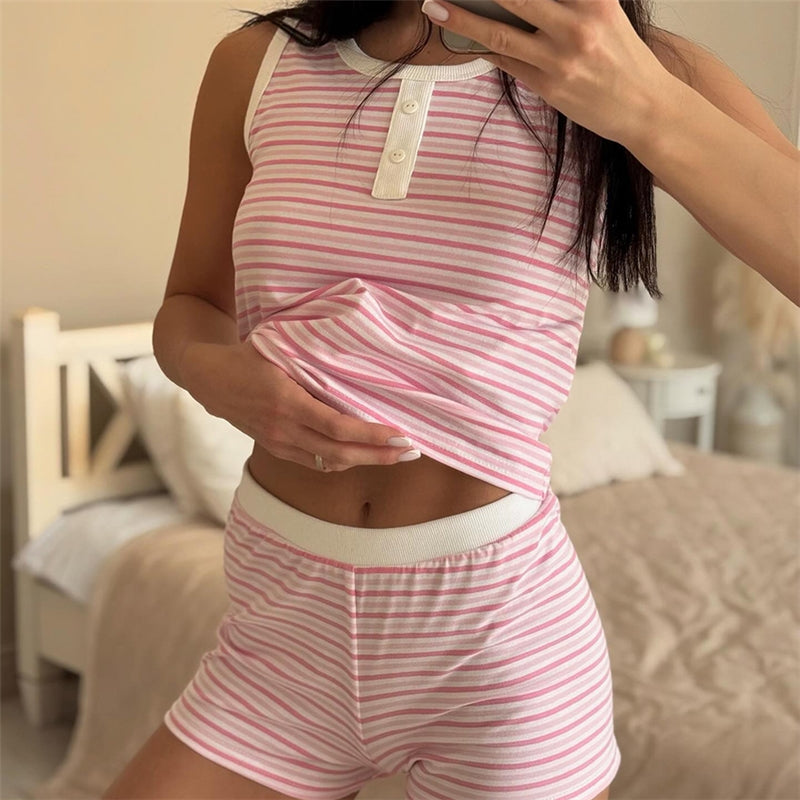 Women Fashion Casual Stripe Sleeveless Tank Top Tight Shorts Pajamas Two-Piece Set