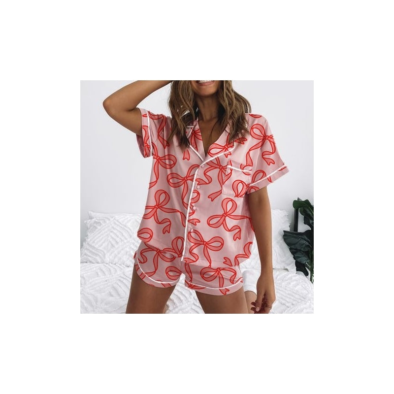 Women Fashion Casual Bowknot Strawberry Printed Lapel Short-Sleeve Top Loose Shorts Pajamas Set