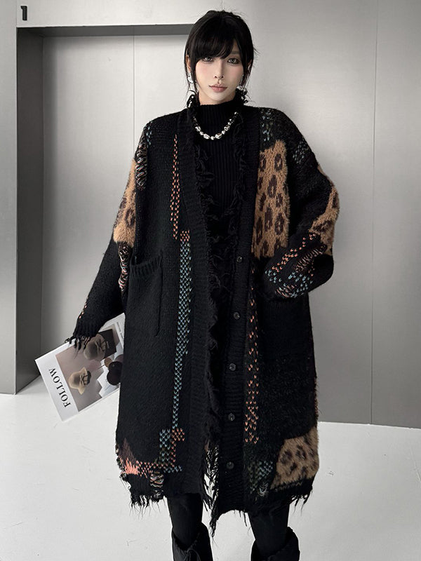 Hipster Long Sleeves Asymmetric Buttoned Contrast Color Leopard Pockets Split-Joint V-Neck Cardigan Tops