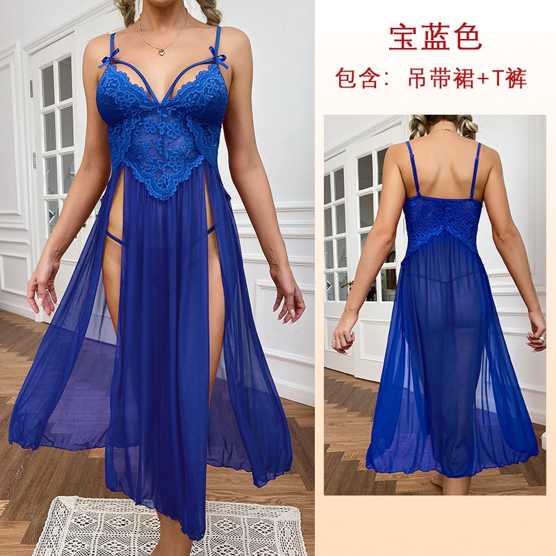 Women Fashion Sexy Deep V Lace Mesh Split Home Pajamas Set