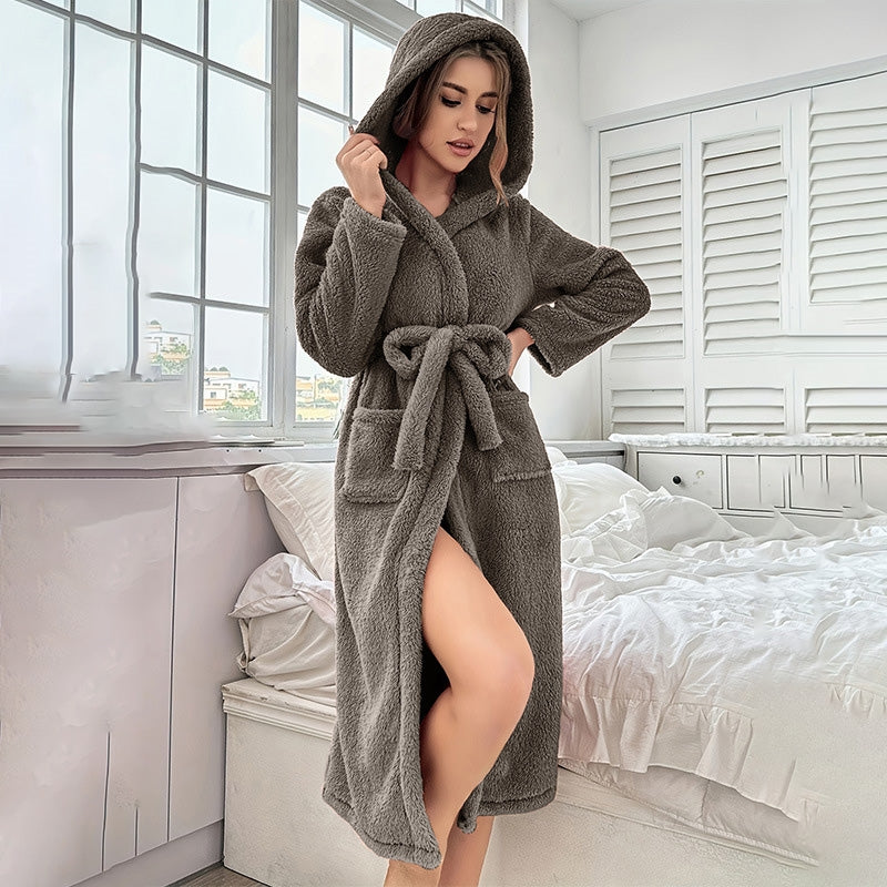 Women Fashion Casual Autumn And Winter Velvet Long-Sleeve Lace-Up Loose Warm Hoodies Pajamas