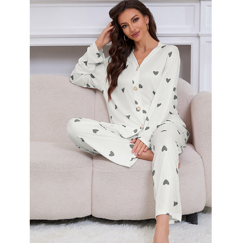Women Fashion Casual Love Printed Round Neck Long Sleeve Top Loose Pants Pajamas Set