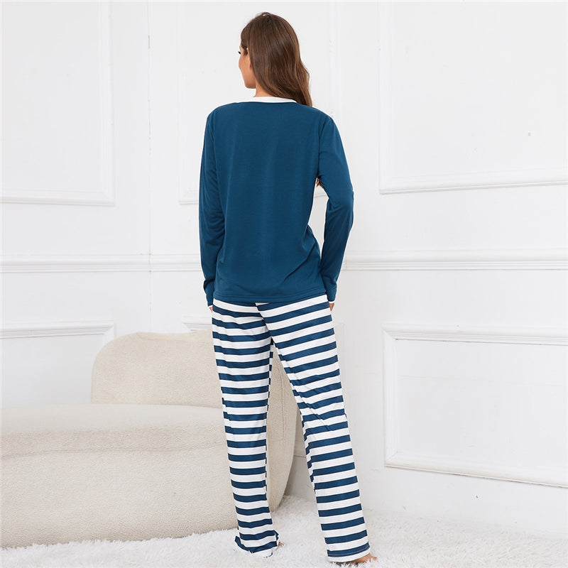 Women Fashion Casual Long Sleeve Sweatshirt Stripe Pants Pajamas Two-Piece Set