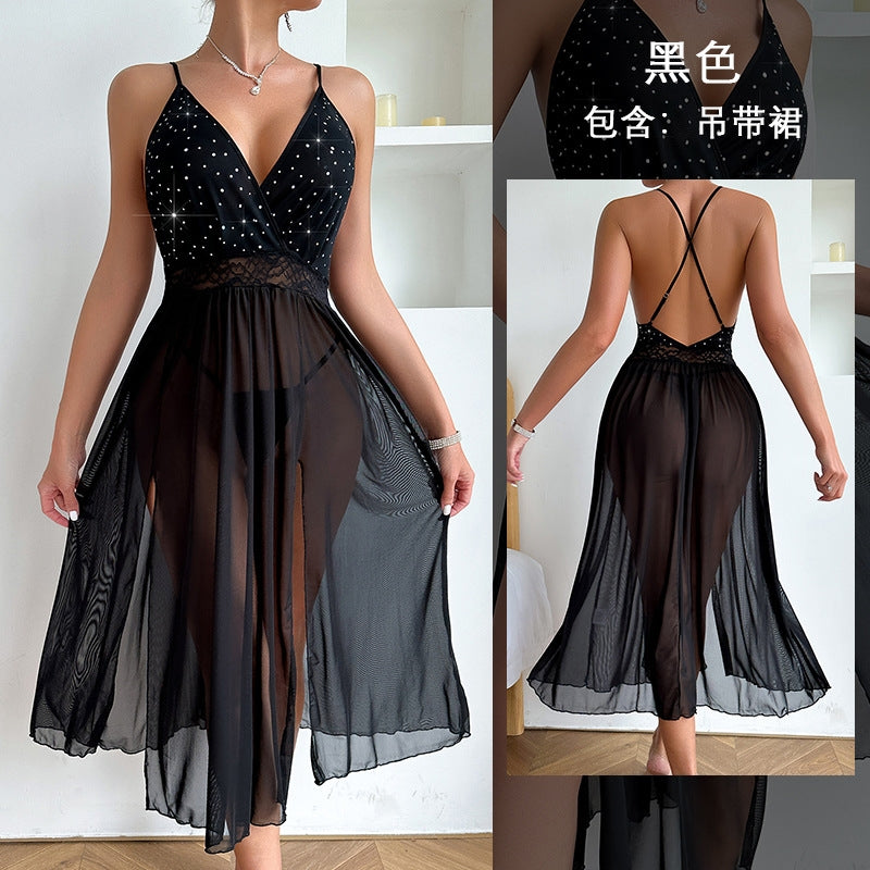 Women Fashion Sexy Deep V Backless Mesh Split Sleepwear