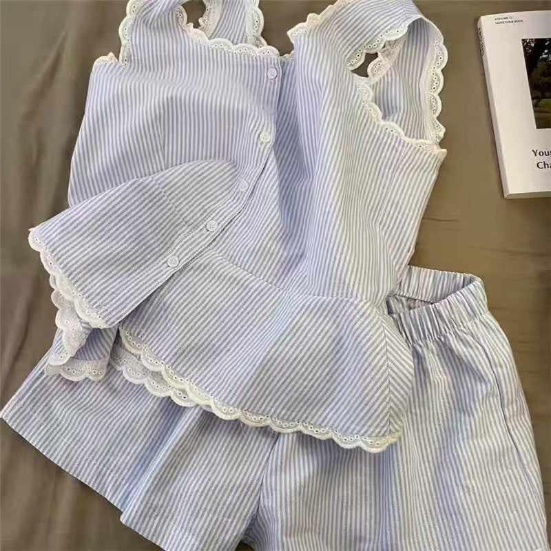 Women Fashion Casual Cotton Stripe Tank Top Loose Shorts Pajamas Two-Piece Set