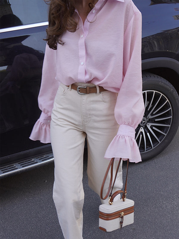 Loose Puff Sleeves Pleated Solid Color Split-Joint Lapel Blouses&Shirts Tops