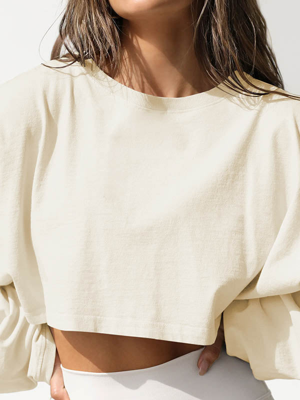 Long Sleeves Loose Solid Color Split-Joint Round-Neck Sweatshirt Tops