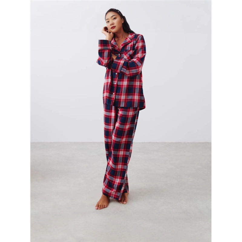 Women Fashion Casual Plaid Printe Lapel Long-Sleeve Blouse Loose Pants Pajamas Two-Piece Set