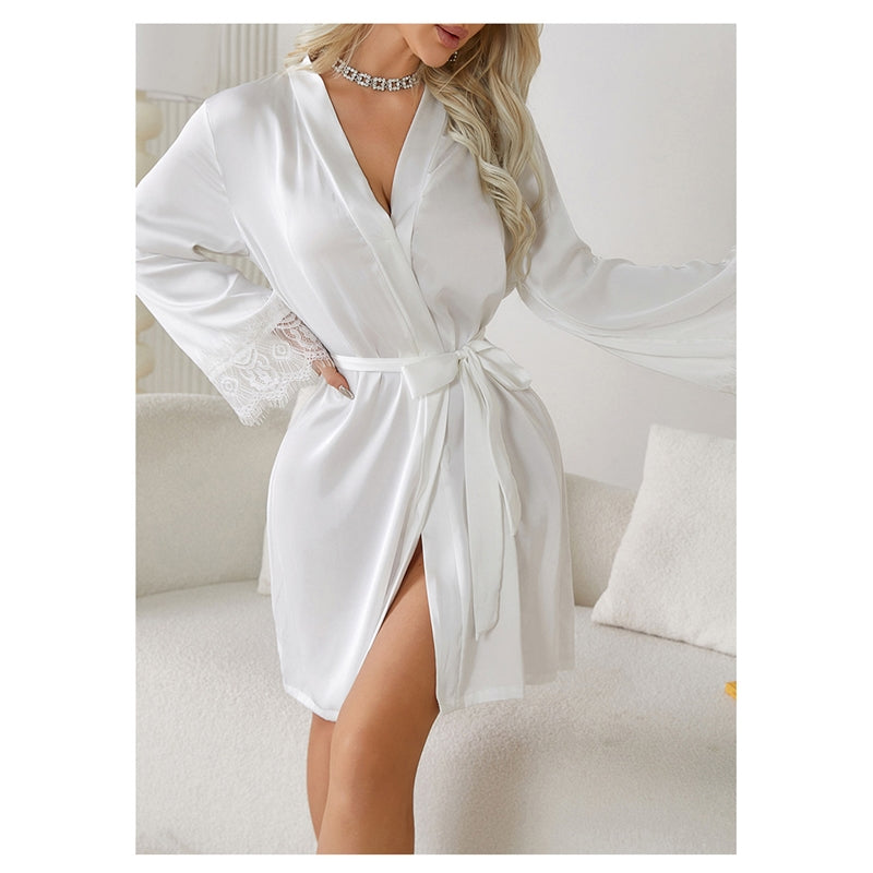 Women Fashion Sexy Mesh Pologram Ice Silk Long Sleeve Home Pajamas