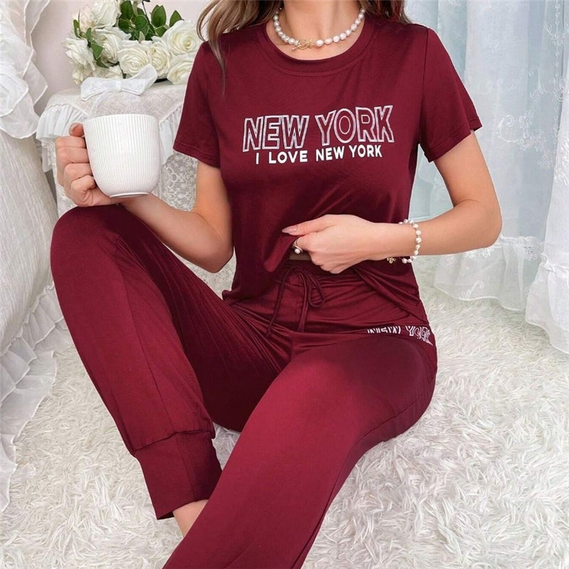 Women Fashion Casual Printed Short Sleeve T-Shirt Drawstring Pants Pajamas Two-Piece Set