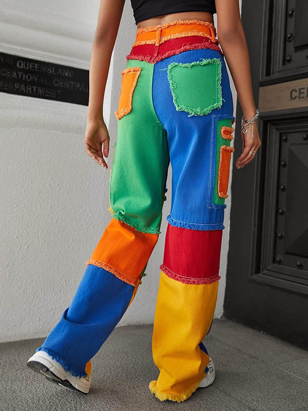 High Waisted Loose Buttoned Contrast Color Fringed Split-Joint Jean Pants Bottoms Trousers