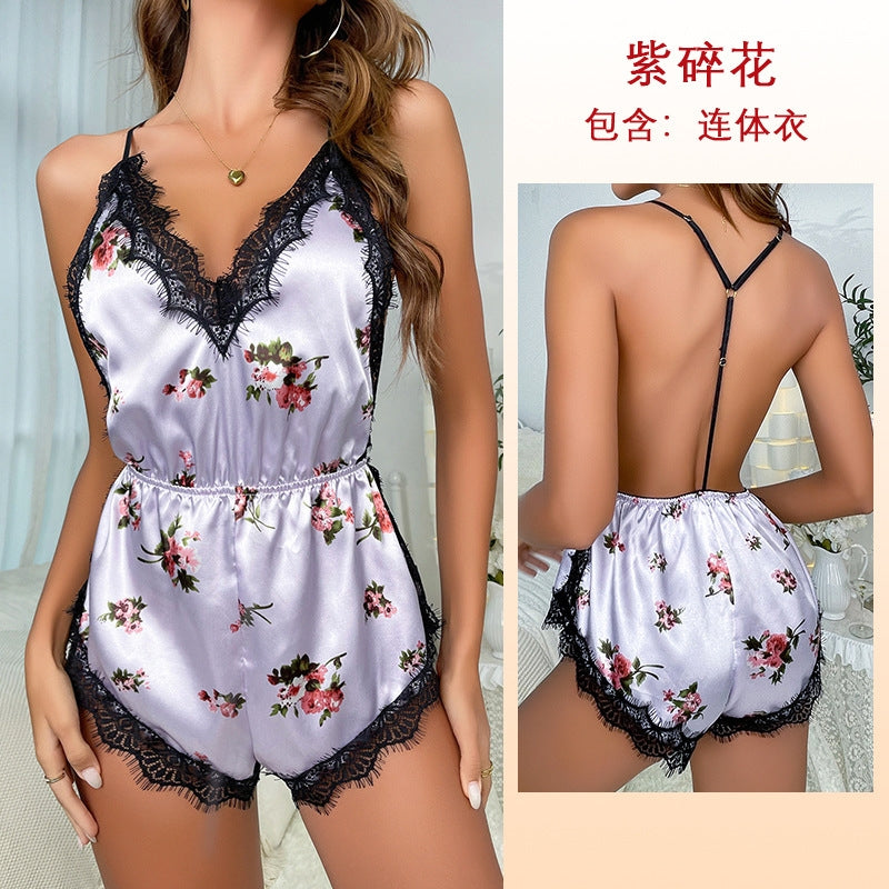Women Fashion Sexy Deep V Lace Backless Sleepwear