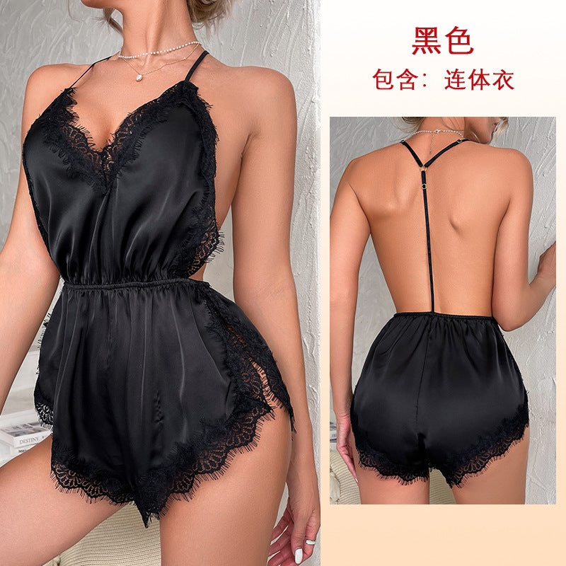 Women Fashion Sexy Deep V Lace Backless Sleepwear