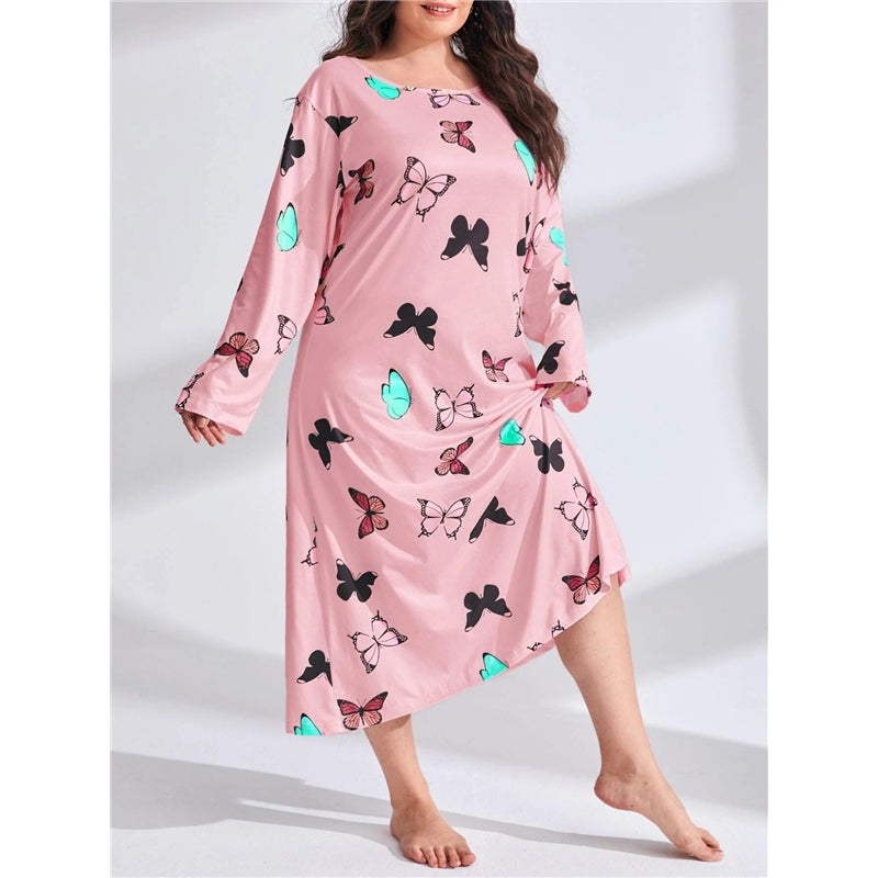 Women Fashion Casual Butterfly Printing Long Sleeve Plus Size Nightgown