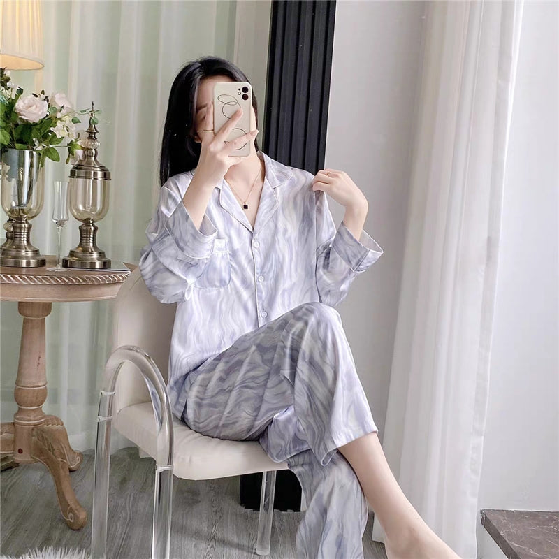 Women Fashion Elegant Gradient Ice Silk Lapel Long Sleeve Top Thin Pants Pajamas Set