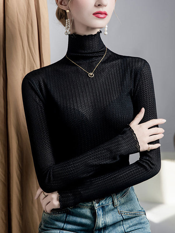 Long Sleeves Plus Size Mesh See-Through Slightly Sheer Split-Joint High Neck T-Shirts