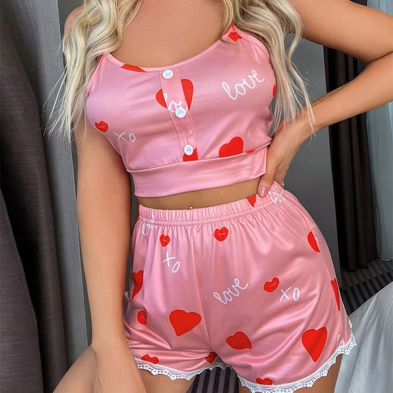 Women Fashion Heart Print Pajamas Two-Piece Set