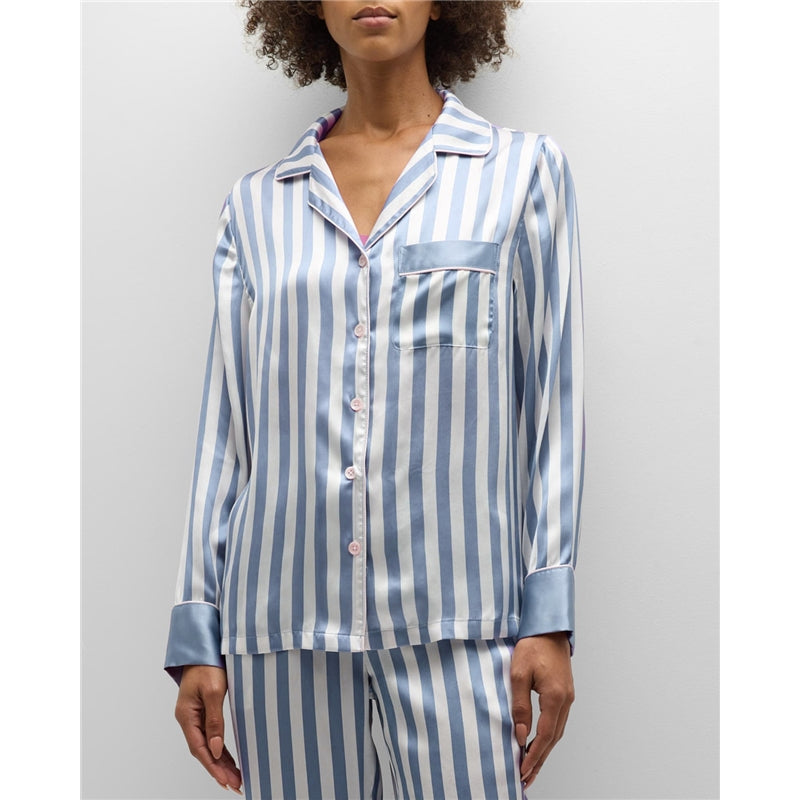 Women Fashion Casual Stripe Lapel Long Sleeve Top Loose Pants Pajamas Two-Piece Set